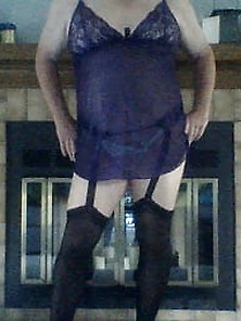 Purple Nighty,  Blue Lace Panty,  Black Stockings.