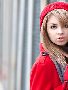 Beret-Wearing Young Blonde Shows Her Bald Pussy While Outdoors V